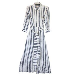 Zara Woman Dress Womens Small Maxi Button Down Belted Linen Blend White Striped